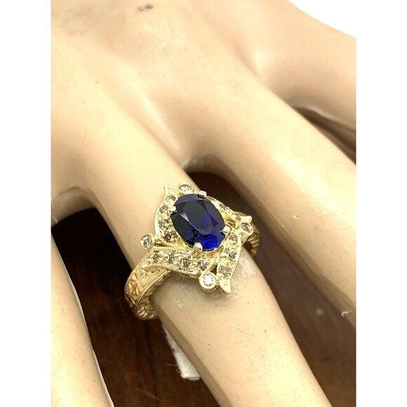 Blue Gemstone Diamond Cocktail Ring 14k Yellow Gold Estate Women's Size 7 - Picture 6 of 14